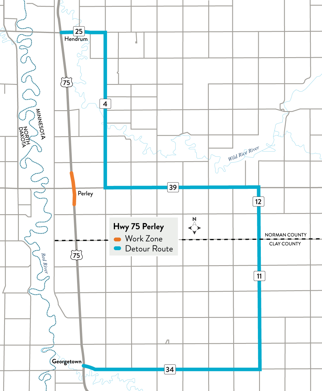 Map of detour in Minnesota: Motorists will detour utilizing Norman County roads 25, 4, 39, 12, as well as Clay County roads 11 and 34. 