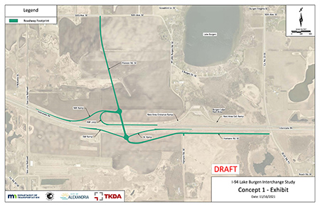 Interchange - Option 1
image. The north portion of the interchange as a folded diamond and the south portion as a conventional diamond. The interchange bridge passes over I-94 at a northwest skew. A weave area is located between the Lake Burgen rest area entrance ramp and the NW loop. Roundabouts are proposed at the interchange at-grade intersections.