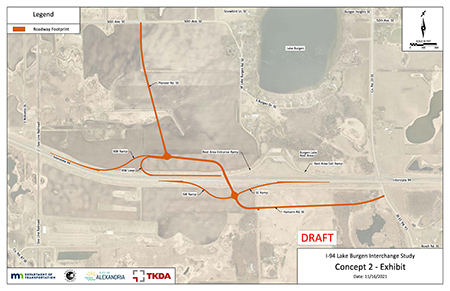 Intechange Option two image. The north portion of the interchange is a folded diamond and the south portion a conventional diamond. The interchange bridge passes over I-94 at a northwest skew. A weave area is located between the rest area entrance ramp and the NW Loop. Roundabouts are proposed at the interchange at-grade intersections. Intersections are offset 1500 feet along I-94. This pushes the south ramps to the East, closer to CR 23 SE.